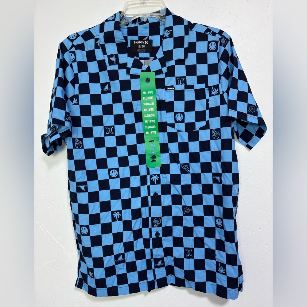 Hurley NWT Boys XL 18/20 Button Front Shirt Checkered Skater Skull NEW Blue